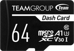 Team 64GB Dash Card  microSDXC UHS-I/U3 Class 10 A1 V30 Memory Card with Adapter, Compatible for cams, Speed Up to 100MB/s (TDUSDX64GUHS03)