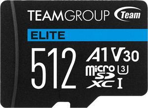 Team Group 512GB Elite microSDXC UHS-I U3, V30, A1, 4K UHD Micro Card with SD Adapter, Speed Up to 100MB/s (TEAUSDX512GIV30A103)