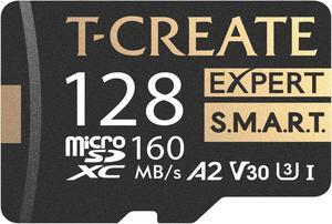 TEAMGROUP 128GB T-Create Expert S.M.A.R.T Monitored A2 microSDXC UHSI-I/U3 V30 4K High speed memory card with adapter, Compatible with GoPro, Insta360, Speed up to 160MB/s (TTCS128GIA2V3003)