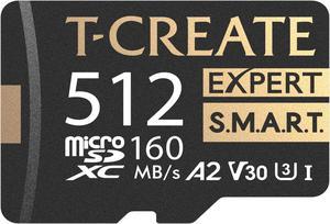 TEAMGROUP 512GB T-Create Expert S.M.A.R.T Monitored A2 microSDXC UHSI-I/U3 V30 4K High speed memory card with adapter, Compatible with GoPro, Insta360, Speed up to 160MB/s (TTCS512GIA2V3003)