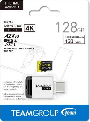 Team 128GB Pro+ microSDXC UHS-I/U3 Memory Card with Ultra CR I card reader, compatible with Nintendo-Switch, Steam Deck, and ROG Ally, Speed Up to 160MB/s (TPPMSDX128GIA2V3072)