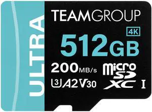 Team 512GB Ultra-Fast microSDXC UHS-I/U3 Memory Card with Adapter, compatible with Nintendo-Switch, Steam Deck, and ROG Ally, Speed Up to 200MB/s (TULMSDX512GIA2V3022503)