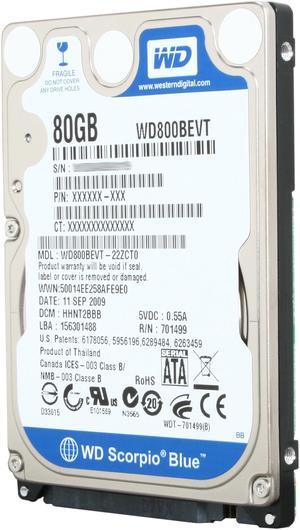 Western Digital Scorpio Blue WD800BEVT 80GB 5400 RPM 8MB Cache SATA 3.0Gb/s 2.5" Internal Notebook Hard Drive Bare Drive