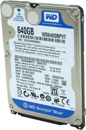 Western Digital Scorpio Blue WD6400BPVT 640GB 5400 RPM 8MB Cache SATA 3.0Gb/s 2.5" Internal Notebook Hard Drive Bare Drive