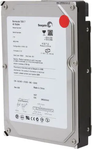 Seagate BarraCuda 7200.7 ST340014AS 40GB 7200 RPM 2MB Cache SATA 1.5Gb/s 3.5" Hard Drive Bare Drive