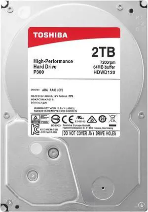 Toshiba P300 2TB Desktop PC Internal Hard Drive 7200 RPM SATA 6Gb/s 64 MB Cache 3.5 inch - HDWD120UZSVA (BULK)