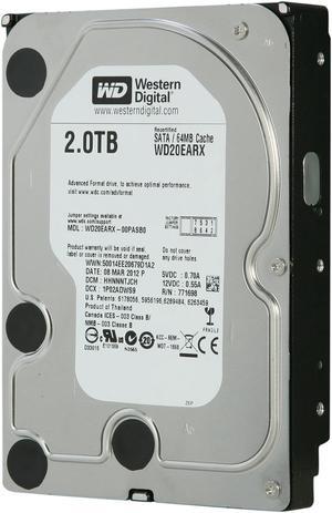 WD WD Green WD20EARX 2TB IntelliPower 64MB Cache SATA 6.0Gb/s 3.5" Internal Hard Drive -Manufacture Recertified Bare Drive
