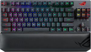 Asus ROG Strix Scope RX TKL Wireless Deluxe 80 Gaming Keyboard Trimode connectivity 24GHz RF Bluetooth Wired ROG RX Blue Optical Mechanical Switches PBT Keycaps RGB Wrist rest Black