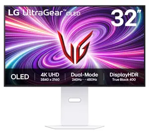 LG UltraGear 32" 4K UHD 3840x2160 OLED Dual-Mode UHD 240Hz / FHD 480Hz 0.03ms (GtG) Height Adjustable 2x HDMI 2.1 1x DisplayPort 1.4 Gaming Monitor, 32GS95UV-W, White