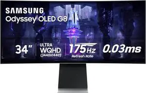 SAMSUNG 34" Odyssey G85SB Series Curved Gaming Monitor QD-OLED Ultra WQHD, 175Hz, 0.03ms, DisplayHDR True Black 400, AMD FreeSync Premium Pro, Advanced Game Streaming, LS34BG850SNXZA