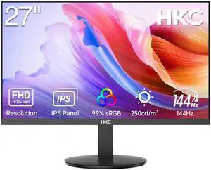 HKC V2718S 27" 144Hz Full HD IPS Monitor, 1080P Display with 99% sRGB, HDMI & VGA Ports, 5ms GTG, Wide 178° View, Hardware Low Blue Light, Adjustable Tilt, VESA Mount – Black