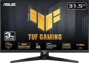 ASUS TUF Gaming 31.5” 1440P HDR Monitor (VG32AQA1A) - QHD (2560 x 1440), 170Hz, 1ms, Extreme Low Motion Blur, FreeSync Premium, DisplayPort, HDMI, HDR-10, Shadow Boost, VESA Wall Mountable
