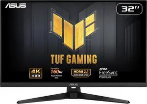 ASUS TUF Gaming 32" (31.5" viewable) 4K HDR DSC Gaming Monitor (VG32UQA1A) - UHD (3840 x 2160), 160Hz, 1ms, Extreme Low Motion Blur Sync, FreeSync Premium, HDMI2.1, Speakers, 120% sRGB, DisplayHDR 400