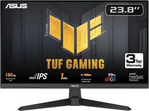 ASUS TUF Gaming 24" (23.8 inch viewable) 1080P Monitor (VG249Q3A) - Full HD, 180Hz, 1ms, Fast IPS, Extreme Low Motion Blur, FreeSync Premium, Speakers, DisplayPort, HDMI, Variable Overdrive, 99% sRGB