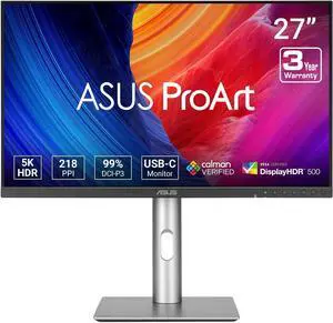 ASUS ProArt Display 27" 5K HDR Professional Monitor (PA27JCV) - 5K (5120 x 2880), IPS, 99% DCI-P3, 100% sRGB? ?E < 2, USB-C PD 96W, Calman Verified, Color accurate, Auto KVM, LuxPixel