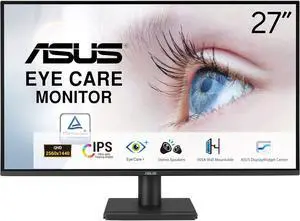 ASUS 27” 1440P Eye Care Monitor (VA27AQ) - IPS, QHD (2560 x 1440), 99% sRGB, Frameless, HDMI, DisplayPort, VGA, 1ms, Speakers,?Low Blue Light, Flicker Free, VESA Wall Mountable, 3 yr Warranty