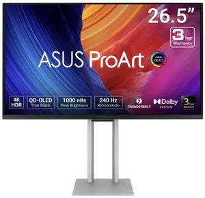 ASUS ProArt 27 inch UHD 4K 240Hz OLED Professional Computer Monitor Auto Calibration, ?E<1, Calman Ready 1000NIts True Black Thunderbolt 4, USB-C with Height Adjustable, Pivot & Tilt Stand PA27UCDMR ASUS ProArt 27 inch UHD 4K 240Hz OLED Professional Computer Monitor Auto Calibration, ?E<1, Calman Ready 1000NIts True Black Thunderbolt 4, USB-C with Height Adjustable, Pivot & Tilt Stand PA27UCDMR