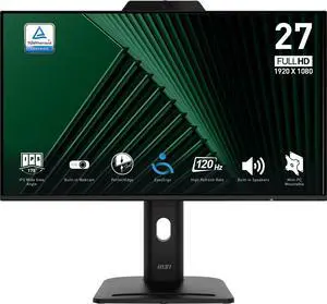 MSI PRO MP272PMG, 27-inch IPS 1920 x 1080 (FHD) Computer Monitor, 120Hz, Webcam, Adaptive-Synch, EPEAT Silver, HDMI, DisplayPort, VGA Port, VESA Mountable, Tilt, Height Adjustable, Speaker, 1ms, Black
