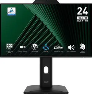 MSI PRO MP242PMG, 24-inch IPS 1920 x 1080 (FHD) Computer Monitor, 120Hz, Webcam, Adaptive-Synch, EPEAT Silver, HDMI, DisplayPort, VGA Port, VESA Mountable, Tilt, Height Adjustable, Speaker, 1ms, Black
