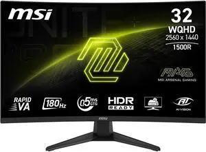 MSI 31.5" 180 Hz Rapid VA QHD(2560 x 1440) Gaming Monitor-180Hz, 0.50ms, Adaptive Sync, HDR Ready, HDMI, VGA Port, VESA Mountable, Tilt, 4-Side Slim Bezel, MAG 321CQF E18