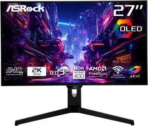 ASRock Phantom Gaming 27" QHD (2560x1440) 240Hz Flat WOLED Gaming Monitor, 0.03ms (GTG), 99% DCI-P3 with 129% sRGB Color Space, 2xHDMI 2.1, 2xDisplayPort 1.4, 3xUSB, PGO27QFS