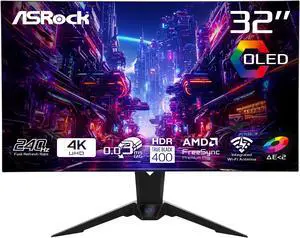 ASRock Phantom Gaming 31.5" 240Hz 4K/UHD (3840x2160) Flat WOLED Gaming Monitor, 0.03ms (GTG), 99% DCI-P3 / 132% sRGB Color Space, 2 x HDMI 2.1, 2 x DisplayPort 1.4, 3 x USB, PGO32UFS