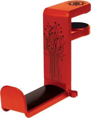 ENHANCE PC Gaming Headset Hanger Mount - Headphones Stand with Adjustable 360 Rotating Arm, Under Desk Clamp On Design, Universal Fit, and Built In Cable Clip Organizer - Red