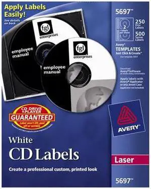 Avery CD Labels, Print to the Edge, Permanent Adhesive, 250 Disc Labels and 500 Spine Labels (5697)