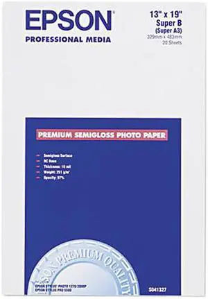 Epson S041327 Premium Photo Paper Super B - 13" x 19" -  1 Each - White, Blue