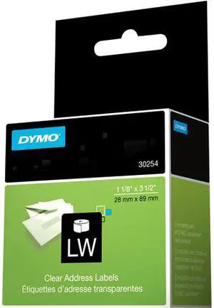 DYMO 30254 Address Labels, 1-1/8 x 3-1/2, Clear, 130/Box