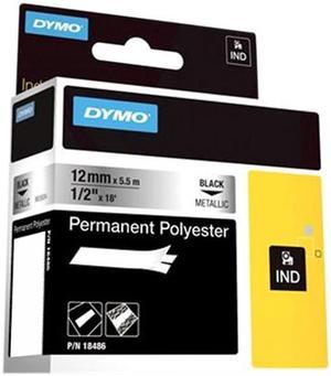 Dymo 18486 Industrial Strength Permanent Polyester Labels 1/2" x 18 ft - Black on Metallic
