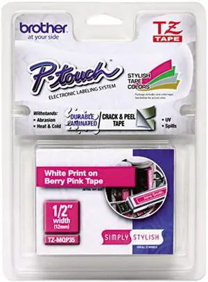 Brother 12mm (1/2") Simply Stylish White on Berry Pink Laminated Tape (5m/16.4') (1/Pkg)