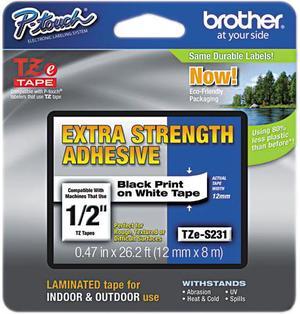 Brother TZES231 12mm (0.47") Black on White Tape with Extra Strength Adhesive 8m (26.2 ft)