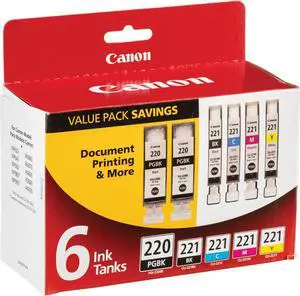 Canon 220/221 Black/Photo Black/Cyan/Magenta/Yellow Standard Yield Ink Cartridge, 6/Pack (2945B015)