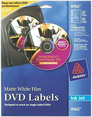 Avery 8962 DVD Label 20 / Pack - Circle - 2/Sheet - Inkjet - White