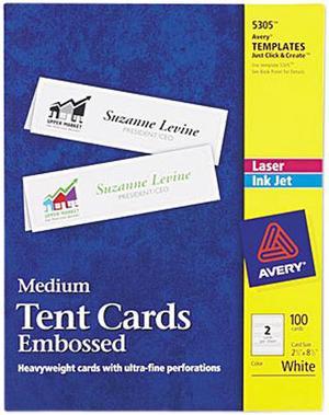 Avery Medium Tent Cards, Embossed, Uncoated, Two-Sided Printing, 2.5" x 8.5", 100 Cards (5305)