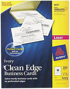 Avery 5876 Clean Edge Laser Business Cards, 2 x 3 1/2, Ivory, 10/Sheet, 200/Pack
