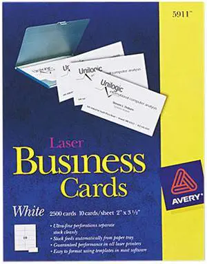 Avery 5911 Laser Business Cards, 2 x 3 1/2, White, 10 Cards/Sheet, 2500/Box