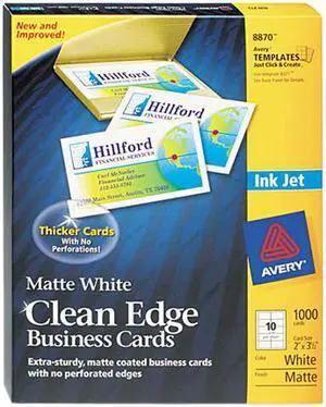 Avery 8870 Inkjet Matte Business Cards, 2 x 3 1/2, White, 10/Sheet, 1000/Box