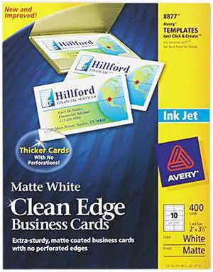 Avery 8877 Inkjet Matte Business Cards, 2 x 3 1/2, White, 10/Sheet, 400/Box