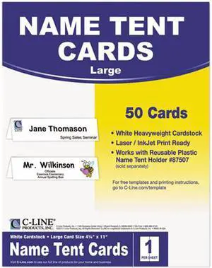 C-line 87517 Tent Cards, White, 4-1/4 x 11, 1 Card/Sheet, 50 Cards/Box