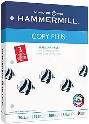 Hammermill 10503-1 Copy Plus Copy Paper, 3-Hole Punch, 92 Brightness, 20lb, Ltr, White, 500 Shts/Rm