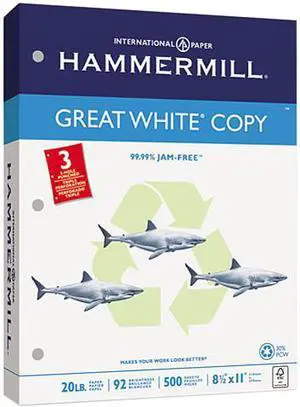 Hammermill 86702 Great White Recycled Copy 3-Hole Punched Ppr, 92 Brightness, 20lb, Ltr, 5000/Ctn
