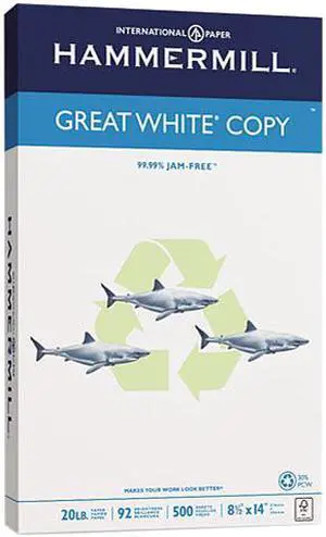 Hammermill 86704 Great White Recycled Copy Paper, 92 Brightness, 20lb, 8-1/2 x 14, 500 Shts/Ream
