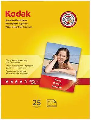 Kodak 8689283 Premium Photo Paper, 64lb, Glossy, 8-1/2 x 11, 25 Sheets/Pack