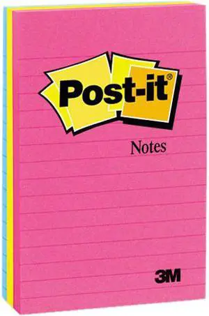 Post-it Notes 660-3AN Original Pads in Neon Colors, 4 x 6, Lined, 3 Neon Colors, 3 100-Sheet Pads/Pack