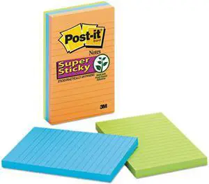 Post-it Notes Super Sticky 660-3SSAN Super Sticky Notes, 4 x 6, Lined, 3 Electric Glow Colors, 3 90-Sheet Pads/Pack