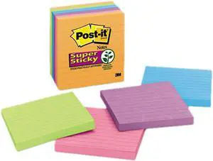 Post-it Notes Super Sticky 675-6SSAN Super Sticky Notes, 4 x 4, Lined, 5 Electric Glow Colors, 6 90-Sheet Pads/Pack