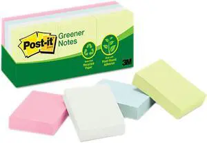 Post-it Greener Notes 653-RP-A Recycled Notes, 1-1/2 x 2, Four Pastel Colors, 12 100-Sheet Pads/Pack