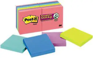 Post-it Notes Super Sticky 654-12SSUC Super Sticky Notes, 3 x 3, Five Jewel Pop Colors, 12 90-Sheet Pads/Pack